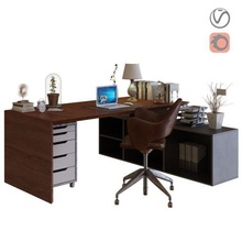 wooden work table architecture workplace office desk chair curbstone cabinet drawer wall panel organizer stationery supplies accessories laptop imac lamp paper tray box tablet papers decor desktop workstation 3d print model - Mito3D