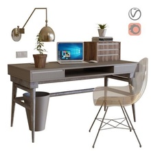 worktable 7 architecture workplace office table work desk chair curbstone cabinet drawer wall panel organizer stationery supplies accessories laptop imac lamp paper tray box tablet papers decor desktop workstation 3d print model - Mito3D
