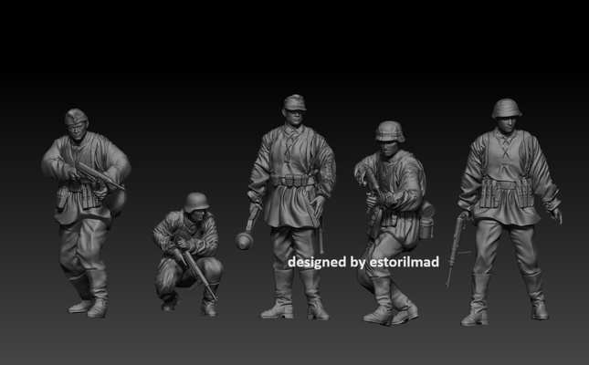 ww2 5 german soldiers waffen ss action v2 game soldier tiger sherman vietnam war wwii military panther officer american 3d print model - Mito3D