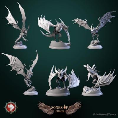 wyverns set 6 miniatures 32mm pre-supported tabletop highquality toy game 3dminiature dnd dndminiature creature monster presupported ttrpg wyvern 3d print model - Mito3D