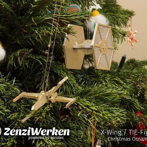 x-wing tie-fighter christmas ornaments cnc laser fdm home decor zenziwerken x wing tie fighter sorotec basicline snap out snapout snapfit lasercut ornament decoration card 3D print model - Mito3D