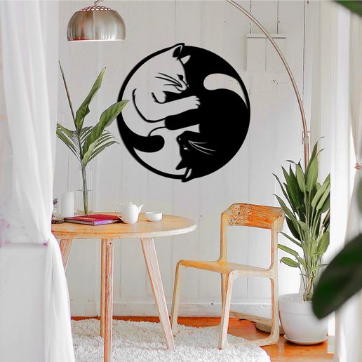 yin yang cats - wall decor tree home art decoration life house room hope ender cnc anet butterfly dragon white black round cat 3D print model - Mito3D