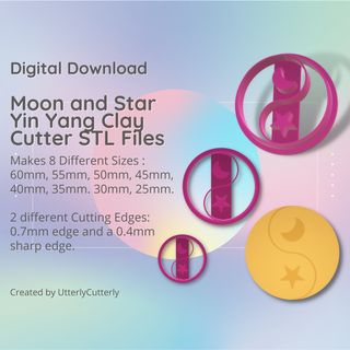 yin yang star moon 1 clay cutter - stl digital file download- 8 sizes 2 versions earring polymer geometric embossed hexagon utterlycutterly utterly cutterly cookie fondant organic shape indie 3d print model - Mito3D