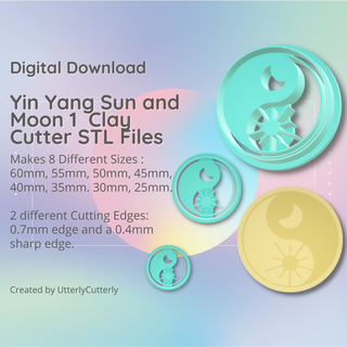 yin yang sun moon 1 clay cutter - stl digital file download- 8 sizes 2 versions earring polymer geometric embossed hexagon utterlycutterly utterly cutterly cookie fondant organic shape indie fashion 3d print model - Mito3D