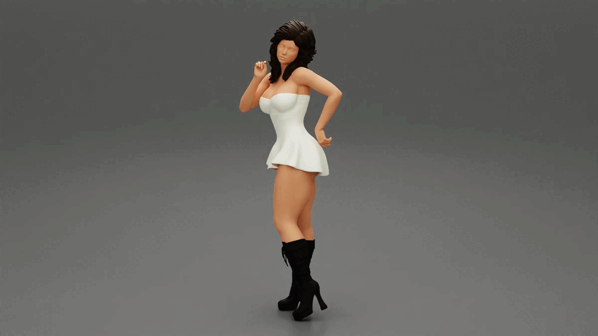 fille portant mini jupe robe bottes main hanche femme pose mode corps vêtements personnage Humain femelle anatomie statue sculpture morph permanent impression cheveux 3D print model - Mito3D