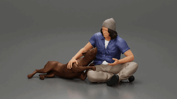 Jeune homme bonnet séance traversée jambes étreindre chien 3d print model - Mito3D