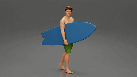 young man holding surfboard walking sea posing standing short body character human sculpture swimmer water print people ocean beach surf surfer riding wave 3d print model - Mito3D