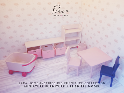 zara home-inspired kid miniature furniture collection 8 pieces 3d cad models Various kids dollhouse home inspired spaces nursery decor daycare rooms modern miniatures 3d print model - Mito3D