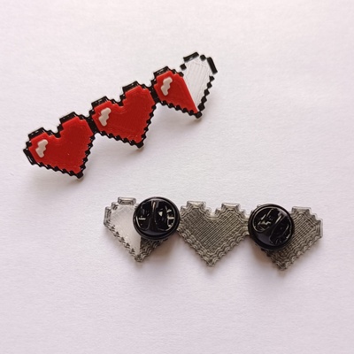 zelda hearts pin brooch 8bit pixel art heart retro jewel geeky cufflinks video game decoration 3d print model - Mito3D