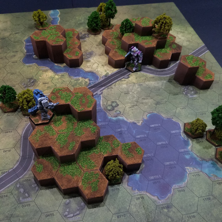 hexadécimal carte collines Battletech prairies 2 miniatures terrain wargaming hexmap 3D print model - Mito3D