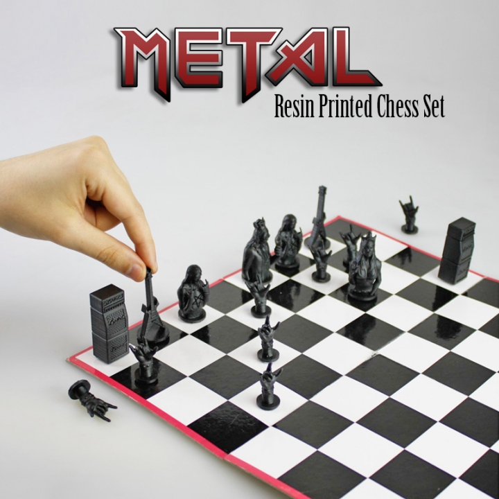 Metall Schach set resin drucken Brett Spiele Bischof schwarz Spiel Gitarre König Ritter Bauern Königin Turm rock sla Harz dlp ozzy marshall metalhead Schwermetall Konzert headbang ricmetal 3D print model - Mito3D