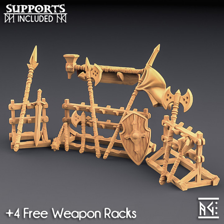 armes butin racks combattants guilde ensemble table hache décoration dragons donjons miniatures soutenir bouclier lance épée grille miniature jeu guerre dnd fléau éclaireur autonome 3D print model - Mito3D