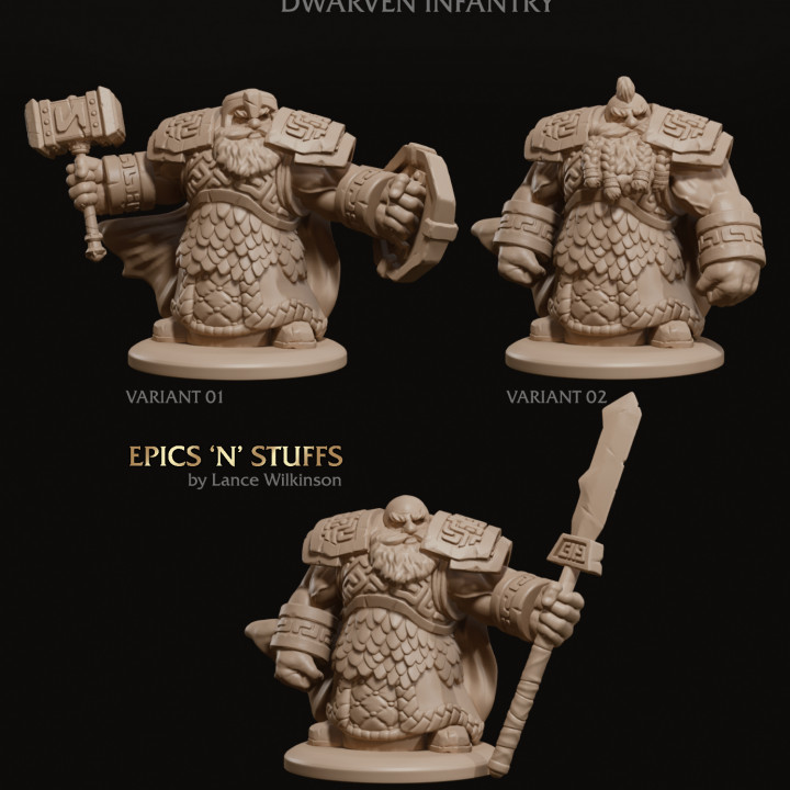 3 dwarven infantry miniatures pack 01 dragons dungeons fantasy fighter gaming player rpg wargaming warrior character miniature hammer boardgame dwarf tabletop edition dnd 5th npc 3D print model - Mito3D