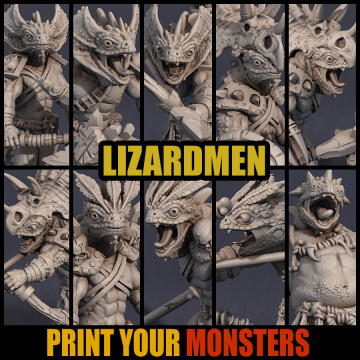 10 lizardmen tabletop game lizard monster set warhammer miniature pack patreon d&d dnd bundle pathfinder lepas 3D print model - Mito3D