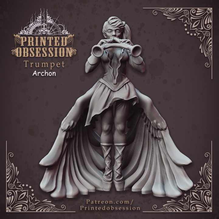 trumpet archon - celestial bard heaven hath fury 32mm scale pre-supported store dragon hell kickstarter 3 dungeon mm dnd 3D print model - Mito3D