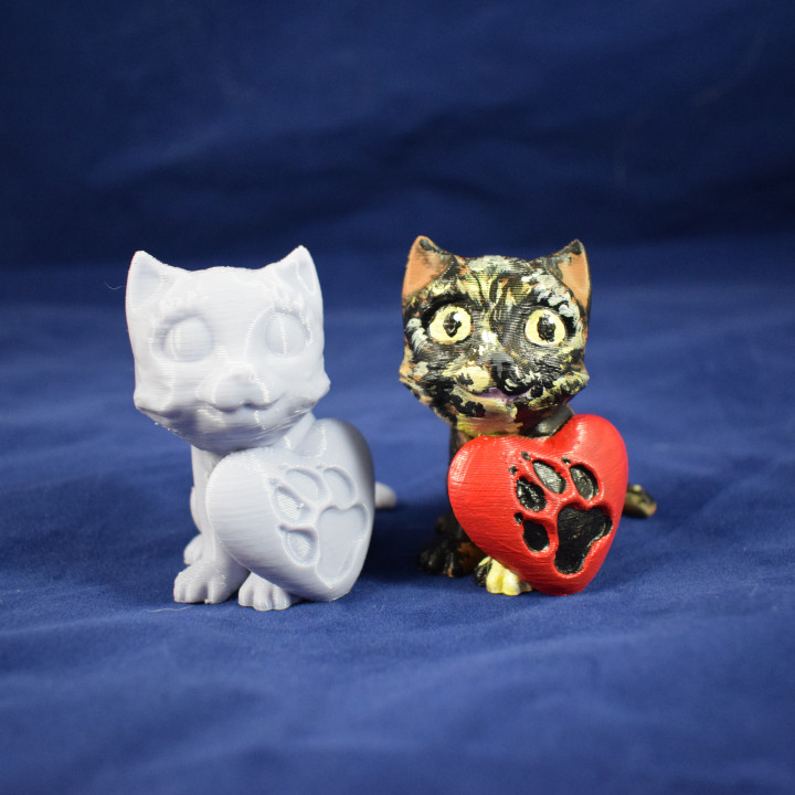 minou l'amour boutique impression chat mignonne figurine cœur statue Valentin enfant patte caricature activité 3D print model - Mito3D