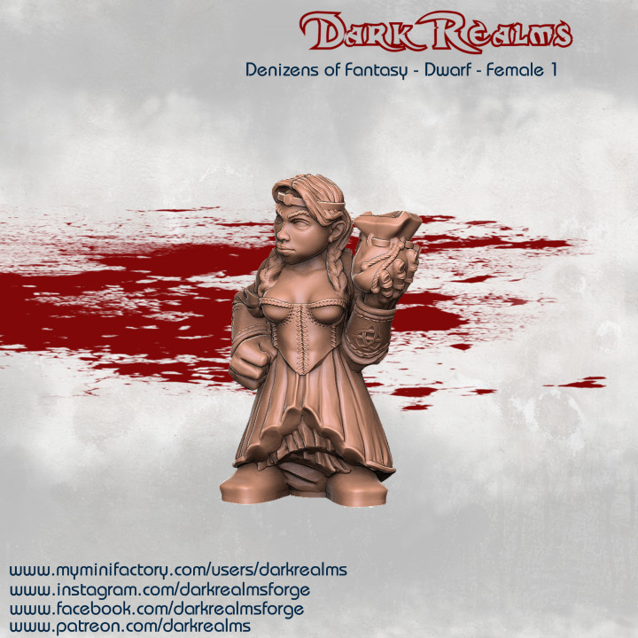 denizens fantasy - dwarf female 1 tabletop mini d&d npc 3D print model - Mito3D