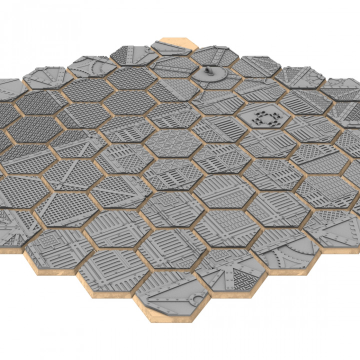 3d printable industrial textured 61 hexagonal bases wargame 125 wargaming hex tabletop 3D print model - Mito3D