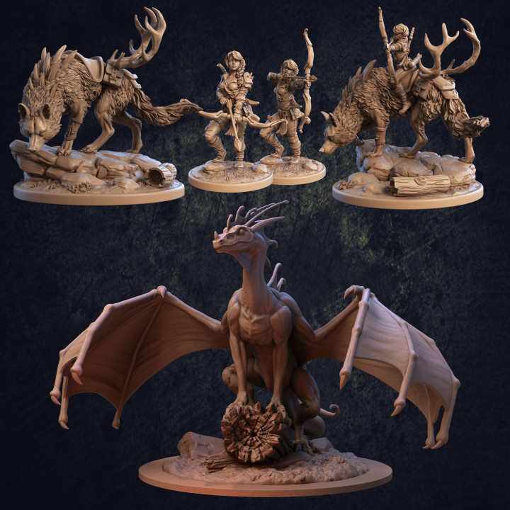 indigo fae trapper pack tabletop dragon dragons dungeons elf female mini mount rpg wolf miniature trappers ranger dire dnd pathfinder ttrpg lodge woodlands 3D print model - Mito3D