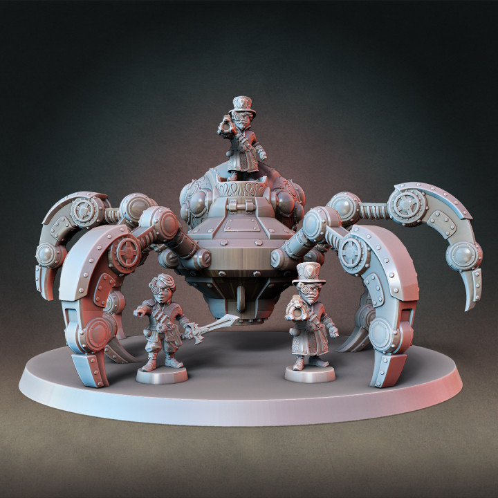 gigante Steampunk mech aranha + gnomo artífices completo conjunto pré suportado tampo mesa fantasia mini modular miniatura armas masmorras Dragões minis patreon 28mm dnd 3D print model - Mito3D