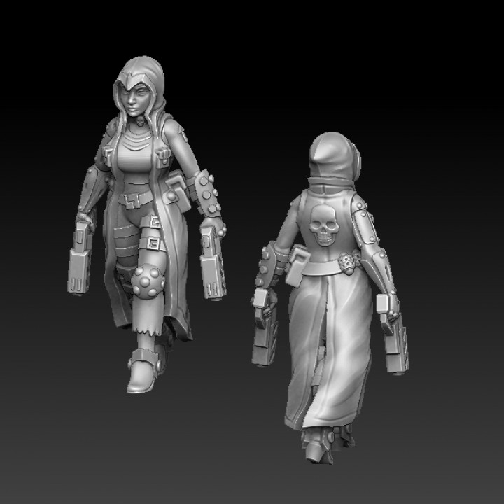 cyberpunk female gunslinger walking tabletop gun sci-fi miniature cyborg 3D print model - Mito3D