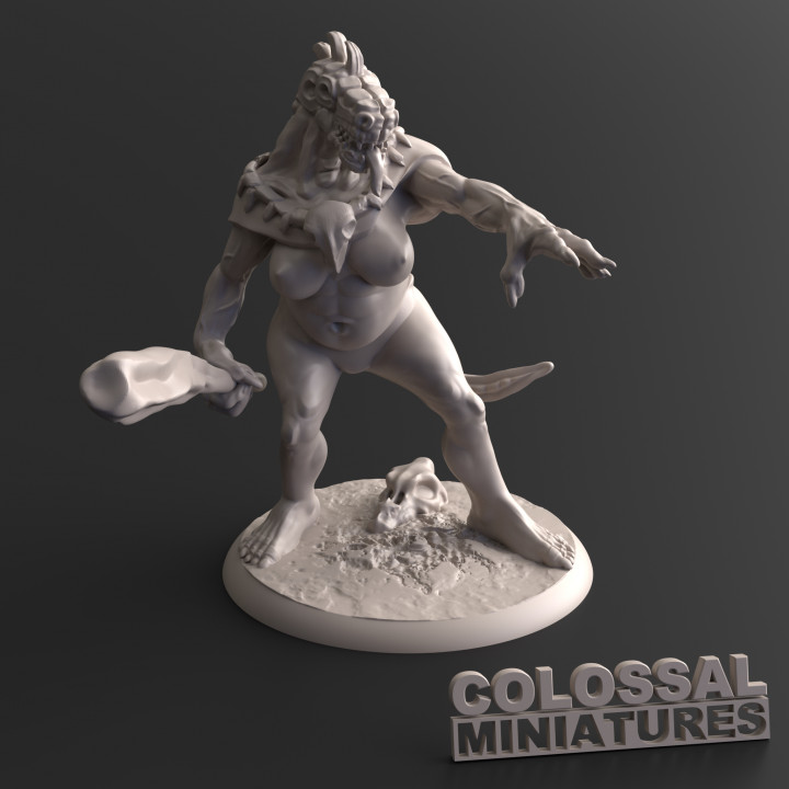 lucertola femmina club indicando tavolo personaggi creatura draghi dungeon fantasia mini miniature mostro rpg colossale d 28mm dnd 32mm uomo 3D print model - Mito3D