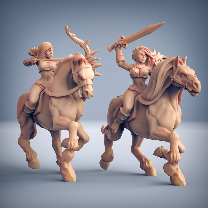 amazon horse riders - 2 units + horses amazons kickstarter tabletop dragons dungeons fantasy female mini mount rpg warrior miniature dnd mounted ttrpg artisan guild 3D print model - Mito3D