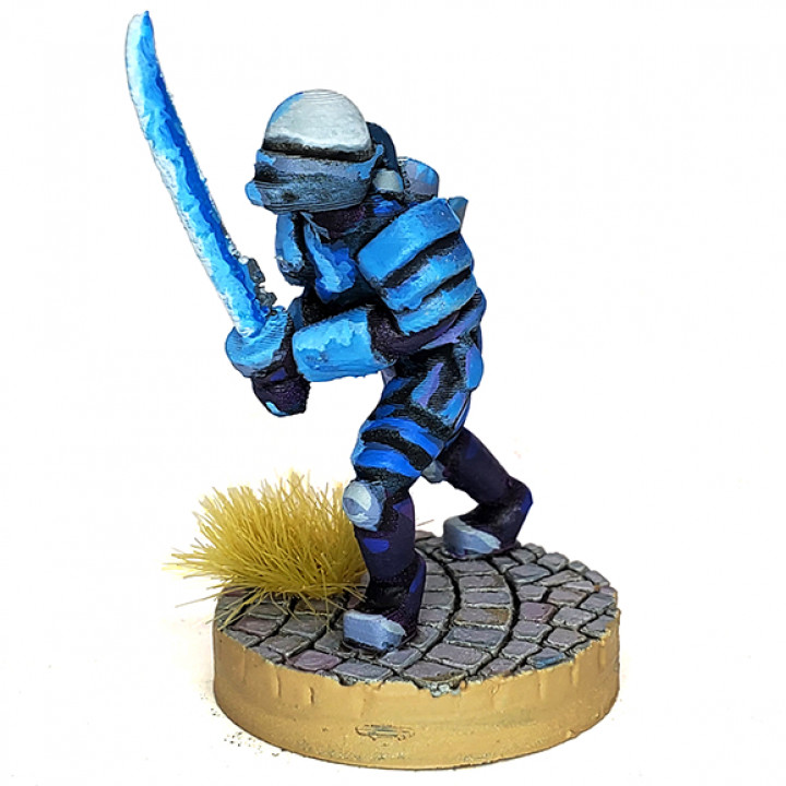 mercenary risk rain 2 fan art alien fantasy human mini miniatures ninja sci-fi sword warrior miniature laser katana cyborg samurai 28mm swordsman 3D print model - Mito3D