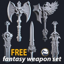free fantasy weapon set tabletop axe rpg skull sword magic props miniature weapons d&d asset 3d print model - Mito3D