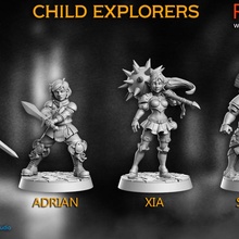 child explorers - 4 miniatures 32mm dnd tabletop fantasy sword miniature explorer mace adventurer rnestudio 3d print model - Mito3D