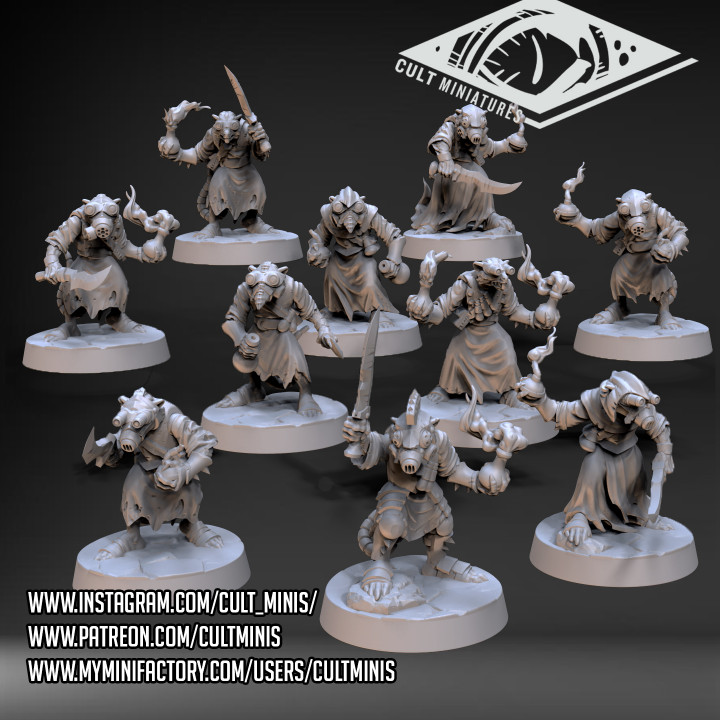 ratfolk grenadiers régiment boutique dragons donjons modulaire stratégie miniature table jeu guerre poison humanoïde alchimiste skaven bestiaire cultminis hommes rats 3D print model - Mito3D