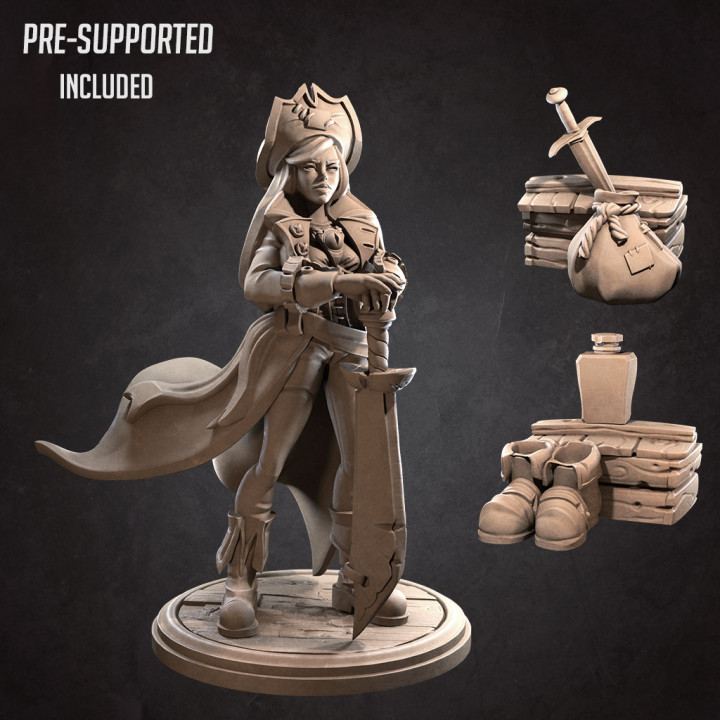 carmen capitán mesa hembra héroe pirata personaje miniatura juego d npc 3D print model - Mito3D