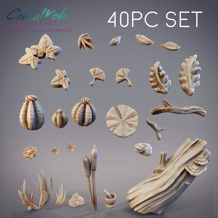 40pc base décorations pack fleurs herbe quenouilles feuilles bâtons champignons grenouille lilypad rochers crânes mortier pilon table fleur feuille crâne bâton Roche champignon 3D print model - Mito3D