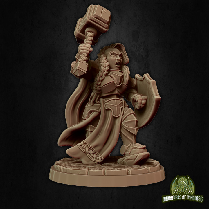 Bryna unbezwingbar vorausgesetzt Tischplatte weiblich Mini Schild Soldat Krieger Miniatur Hammer Zwerg Verlies bärtig 28mm dnd 32mm 5e Miniaturen Wahnsinnigkeit Holdmydwarf 3D print model - Mito3D