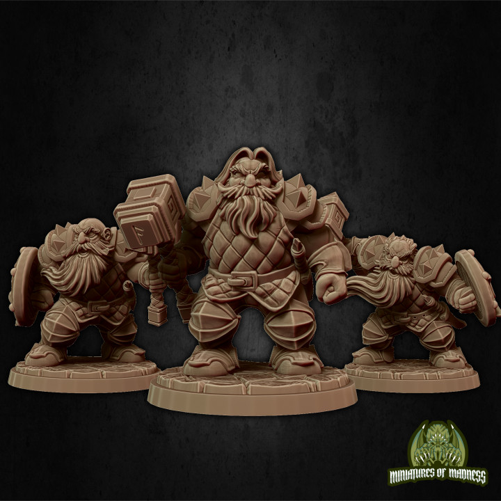 soldat ensemble 1 présupporté boutique armée planche combattant Jeu mini bouclier soutien guerrier marteau tenir nain table 28mm dnd 32mm miniatures folie prise charge pré holdmydwarf 3D print model - Mito3D