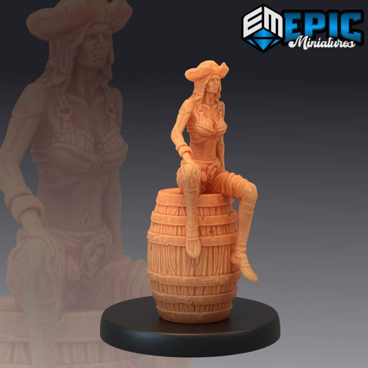 korsan forvet oturma Corsair kadın varil masaüstü fantezi Ortaçağa ait okyanus rpg deniz Warhammer Kadın düşman karşılaşma dnd yol bulucu npc 3D print model - Mito3D