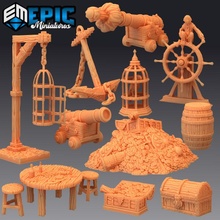 pirate props corsair dungeon decoration scatter items tabletop chair item table treasure cage canon wheel anchor barrel chest steering parrot dnd 3d print model - Mito3D