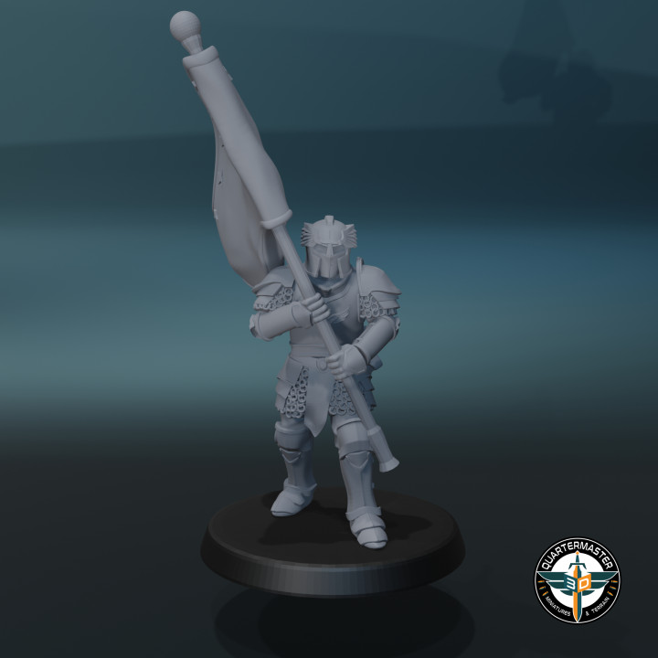 cavaleiro bandeira pé montado tampo mesa fantasia rpg martelo guerra lotr d descobridor 9thage rei mesbg 3D print model - Mito3D