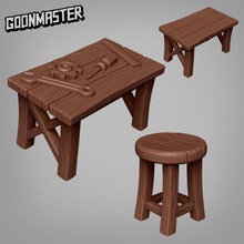 workshop table & stool tabletop terrain wood wrench miniature bench cog gnome machinery workbench dnd pathfinder scatter worktop 3d print model - Mito3D