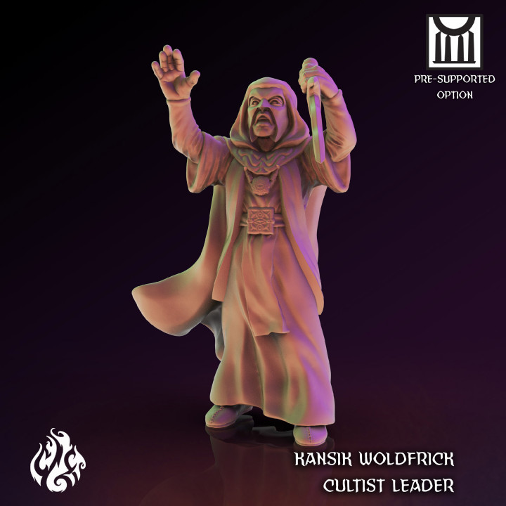 kansik woldfrick cultist leader fantasy god human rpg miniature villain evil tabletop patreon dnd pathfinder tabletopgames sorcerer spellcaster crippled crippledgodfoundry crippledgod summoner 3D print model - Mito3D