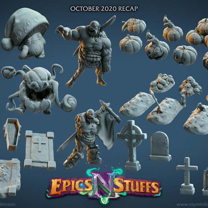 Epen 'n' Sachen Oktober 2020 Veröffentlichungen Tischplatte Drachen Halloween Ork Kürbis Untote Zombie Requisiten Miniatur Grab Gräuel Grabstein streuen nachahmen 5e Shroomie shroomiedungeons 3D print model - Mito3D