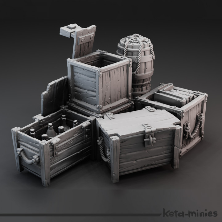 medieval crate combo pack accessory bottle container fantasy prop storage wargaming books bench stylized barrel chest boxes environement inots environements 3D print model - Mito3D