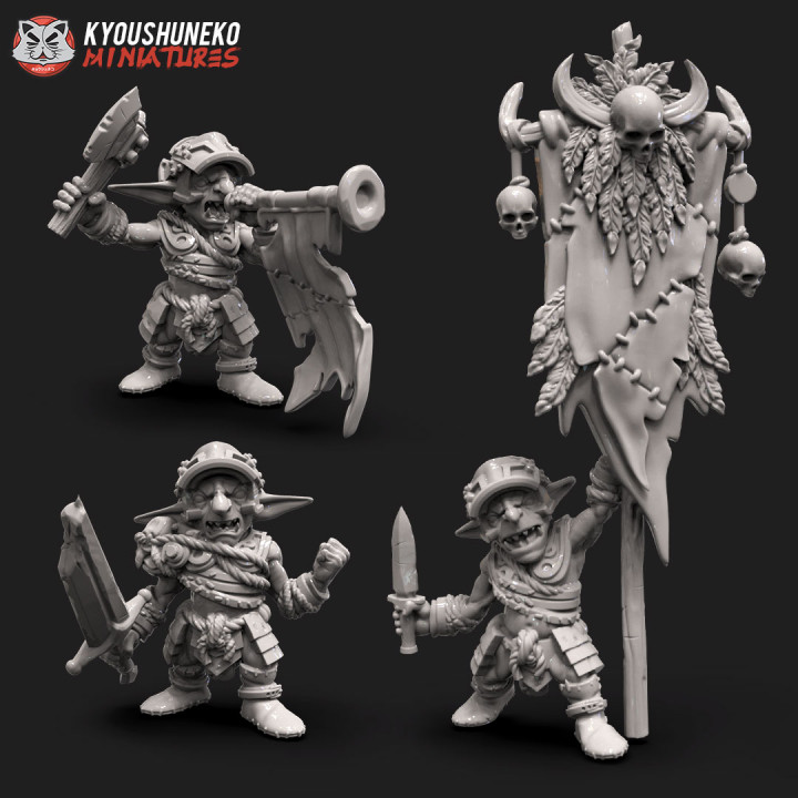 goblin command group store wargaming warhammer miniature tabletop captain musician flagbearer 3D print model - Mito3D