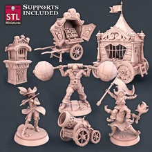 carnival set toys & games wargames props cannon tabletop circus d&d dnd humans harlequin strogman flautist tickets foodcart 3d print model - Mito3D