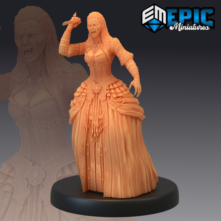 vampire lady attacking victorian female undead dagger dress fantasy gothic horror medieval monster rpg enemy tabletop dungeon dnd pathfinder npc 3D print model - Mito3D