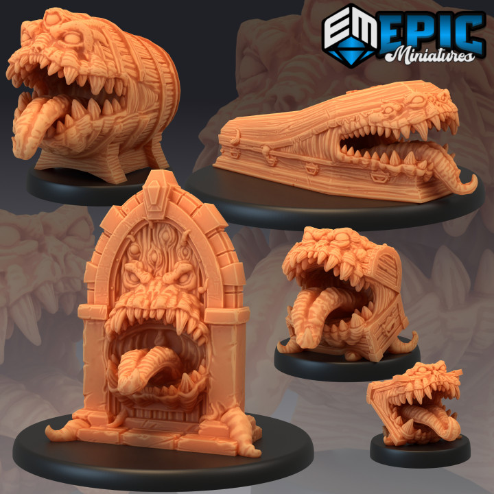 mimic set disguise monster classic collection book coffin door fantasy medieval rpg treasure warhammer enemy tabletop dungeon barrel chest dnd pathfinder 3D print model - Mito3D