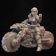 cyberpunk motociclista arma fogo loja bicicleta fêmea menina rpg sci fi mulher personagem miniatura tampo mesa post apocalypse bandido npc 3d print model - Mito3D