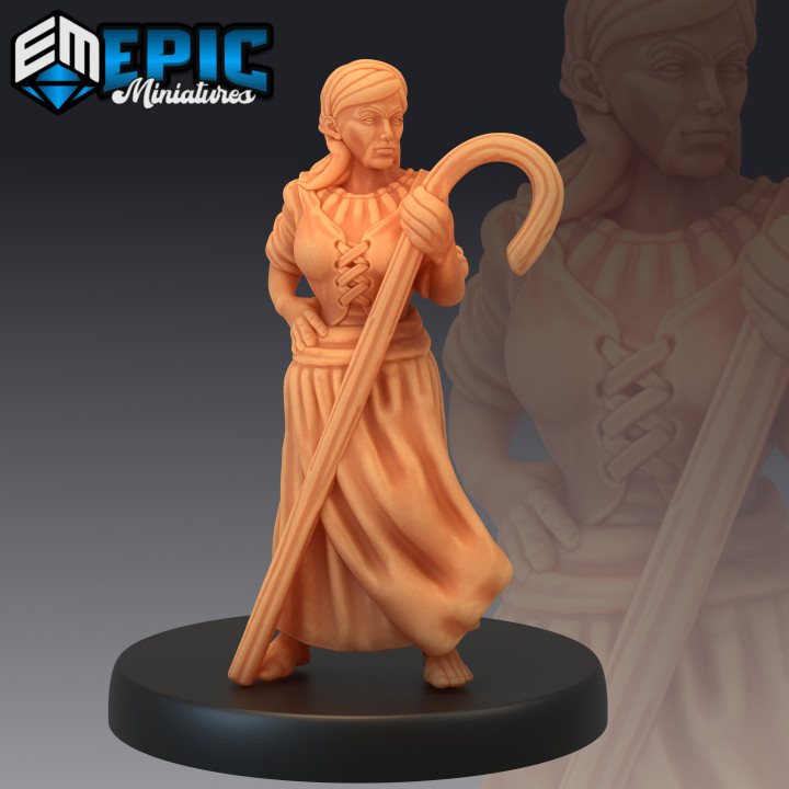 abitante villaggio femmina pastore npc umano carattere fantasia medievale rpg warhammer donna tavolo dnd esploratore 3D print model - Mito3D