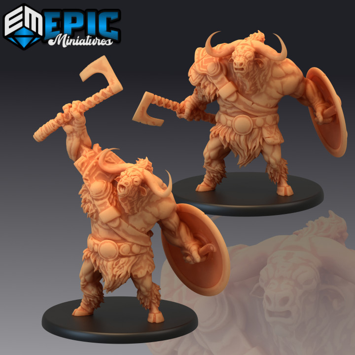 longhorn Minotauro conjunto hacha proteger voluminoso guerrero toro hombre colección fantasía medieval rpg martillo guerra enemigo mesa calabozo 3D print model - Mito3D