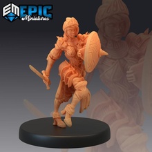queens knight shield charge female warrior royal guard armor fantasy medieval rpg sword warhammer woman enemy block tabletop dungeon dnd pathfinder npc 3d print model - Mito3D